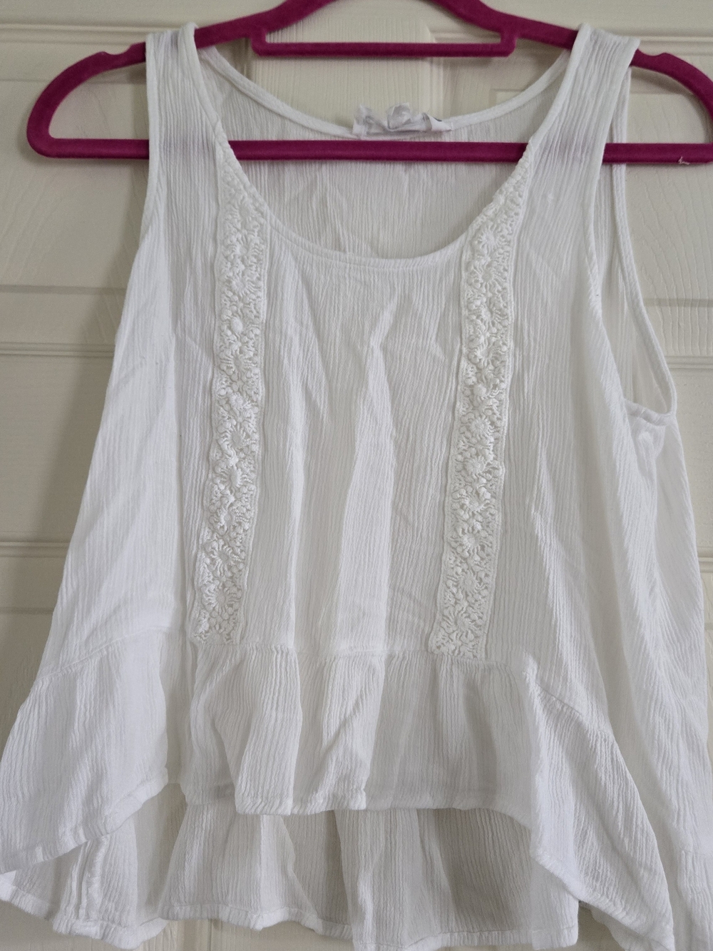 Hippie Rose White Embroidered Ruffle-Hem Tank Top